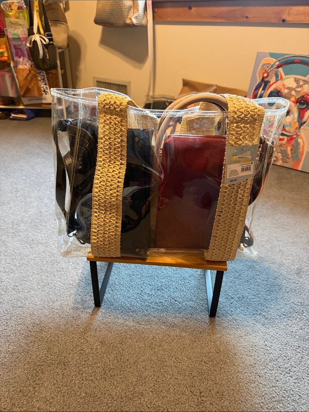 Clear PVC Tote with Tan Straw-Style Handles plus more 6 more bags